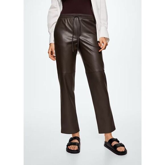 NWT Mango MNG Leather-effect elastic waist Slouchy Pants Brown Women’s Size XL - Picture 8 of 12